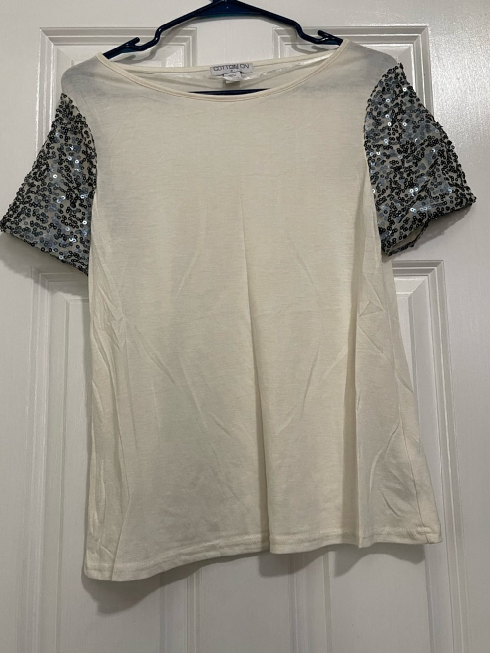 Cotton On Cream Tee with Silver Sequin Short Sleeves
